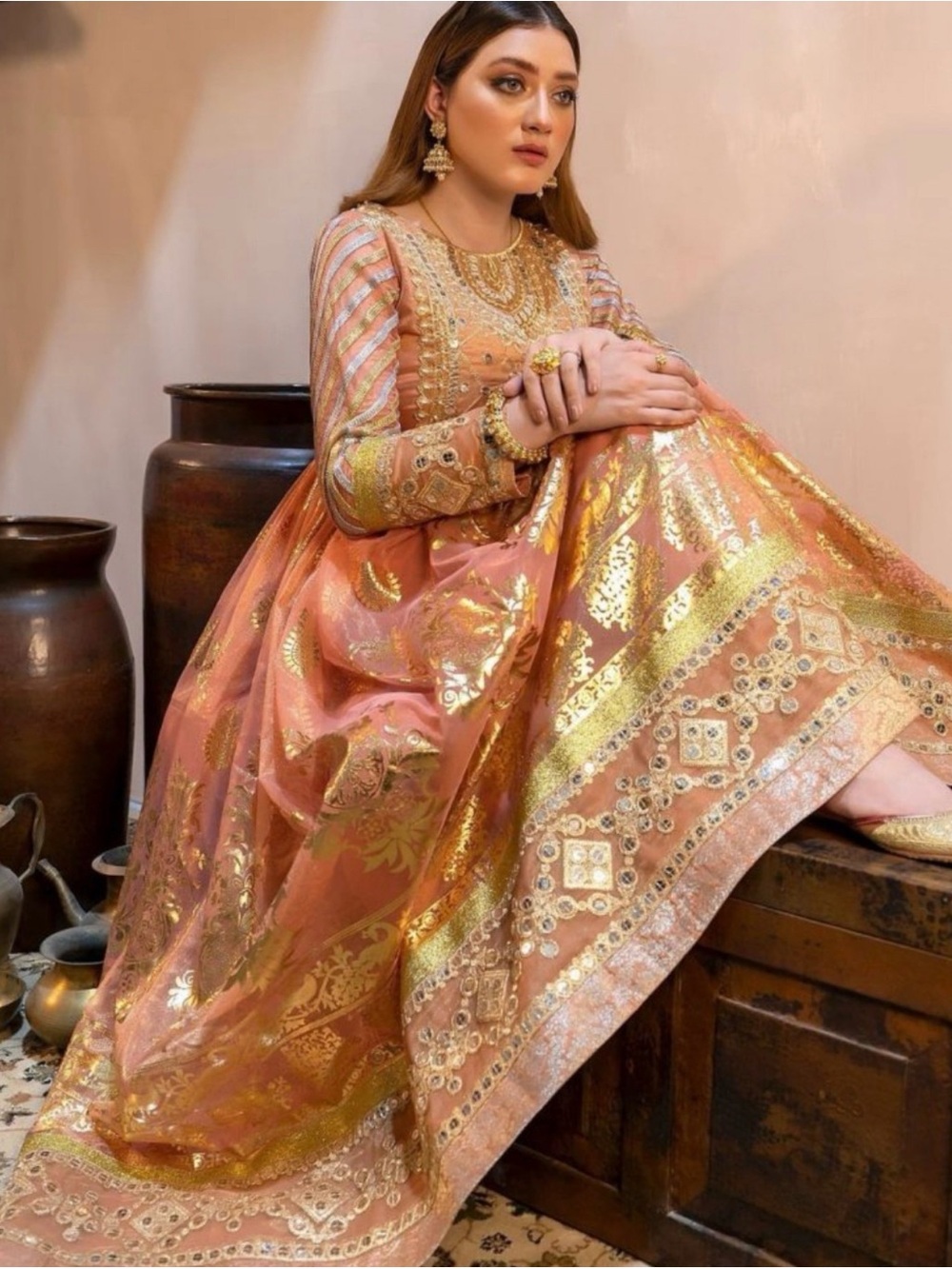 Embellished Pink and Gold Long-Sleeve Women's Dress